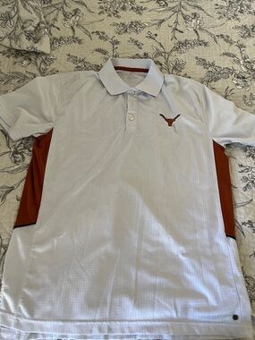 Men's White Polo with Burnt Orange Side Panels and Team Logo